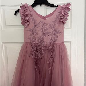 Girls Dusty Rose Floral Appliqué Tulle Party Dress with 3D Shoulder Flowers